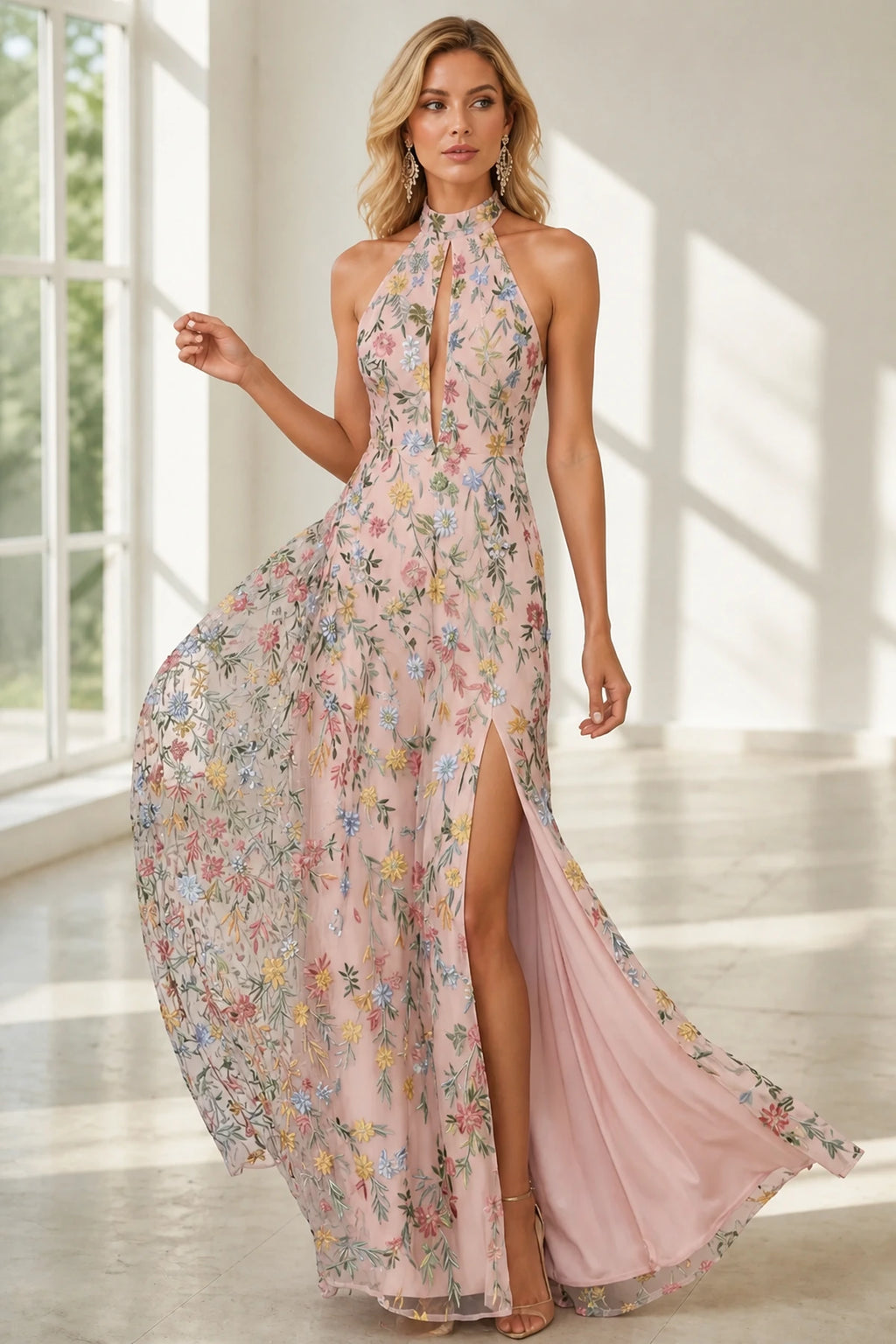 Romantic A-Line Halter Neck Sleeveless Open-Back Floor-Length Wedding Guest Dress