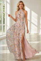 Romantic A-Line Halter Neck Sleeveless Open-Back Floor-Length Wedding Guest Dress