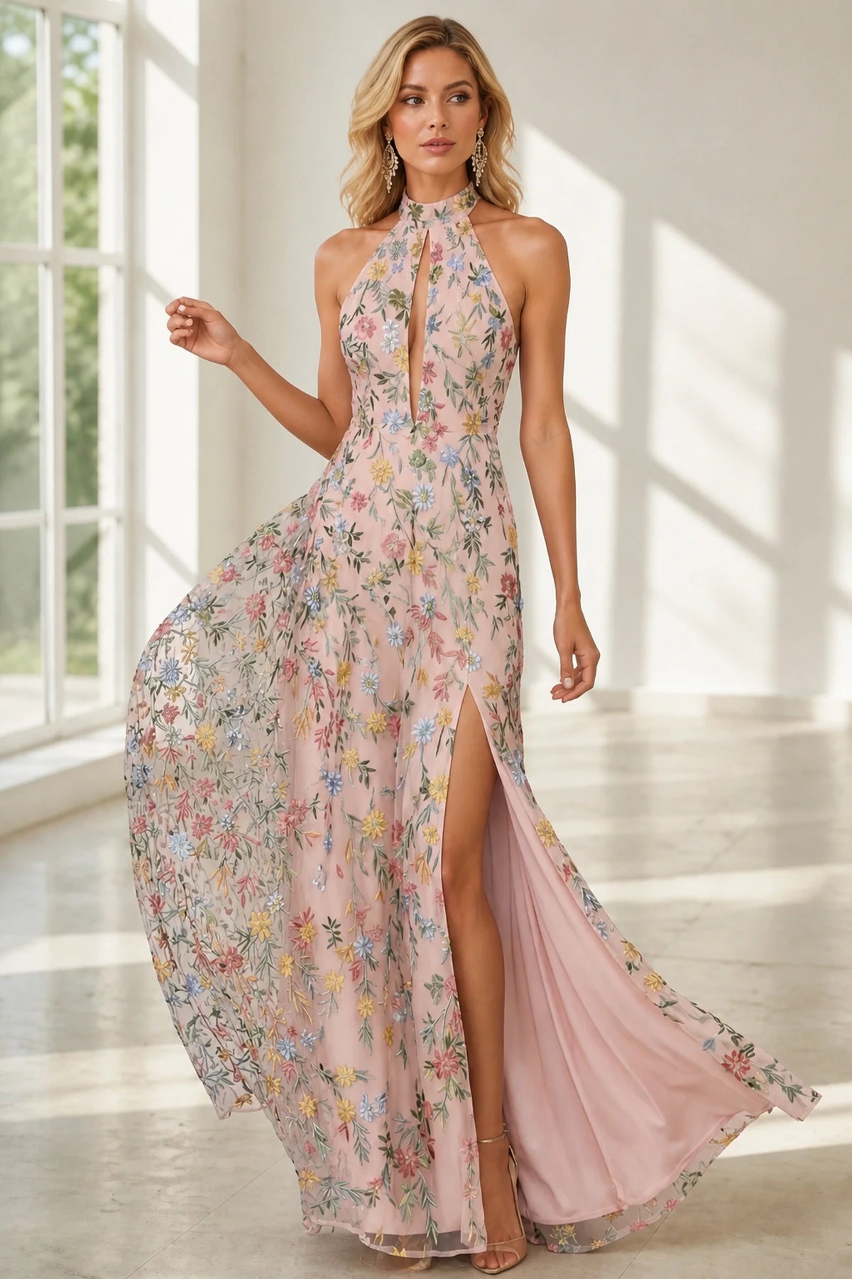 Romantic A-Line Halter Neck Sleeveless Open-Back Floor-Length Wedding Guest Dress