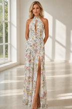 Romantic A-Line Halter Neck Sleeveless Open-Back Floor-Length Wedding Guest Dress
