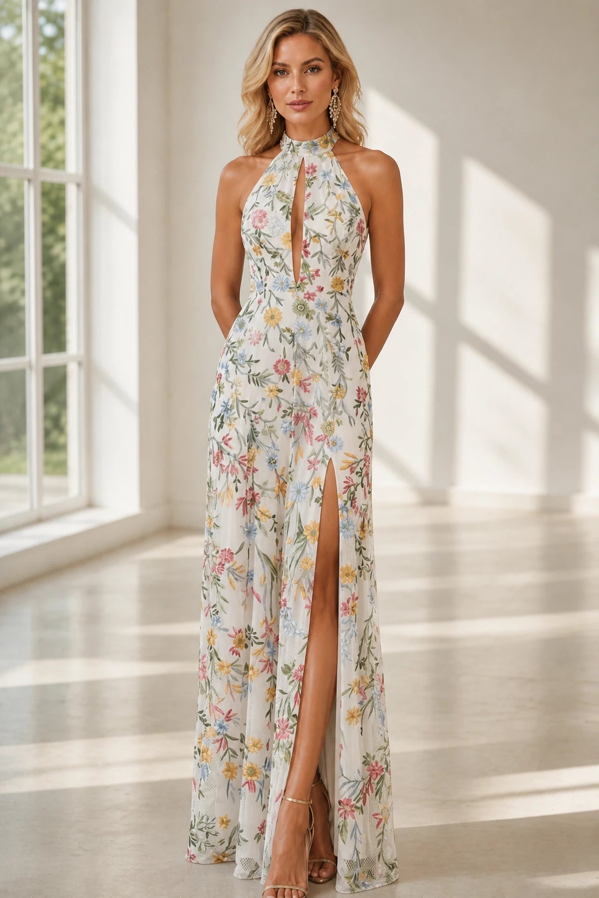 Romantic A-Line Halter Neck Sleeveless Open-Back Floor-Length Wedding Guest Dress