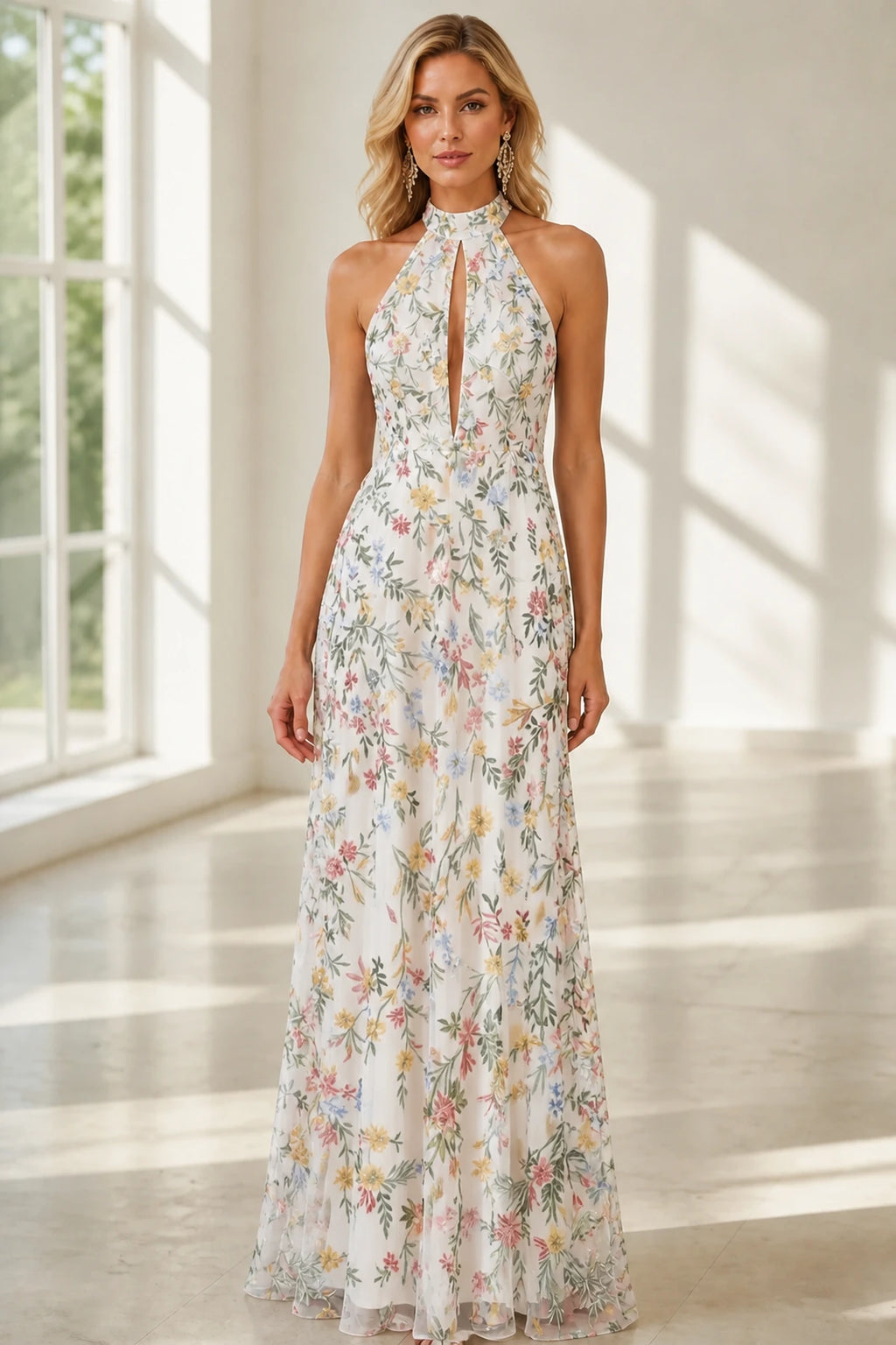 Romantic A-Line Halter Neck Sleeveless Open-Back Floor-Length Wedding Guest Dress