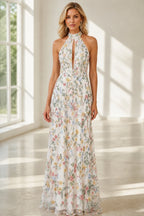 Romantic A-Line Halter Neck Sleeveless Open-Back Floor-Length Wedding Guest Dress