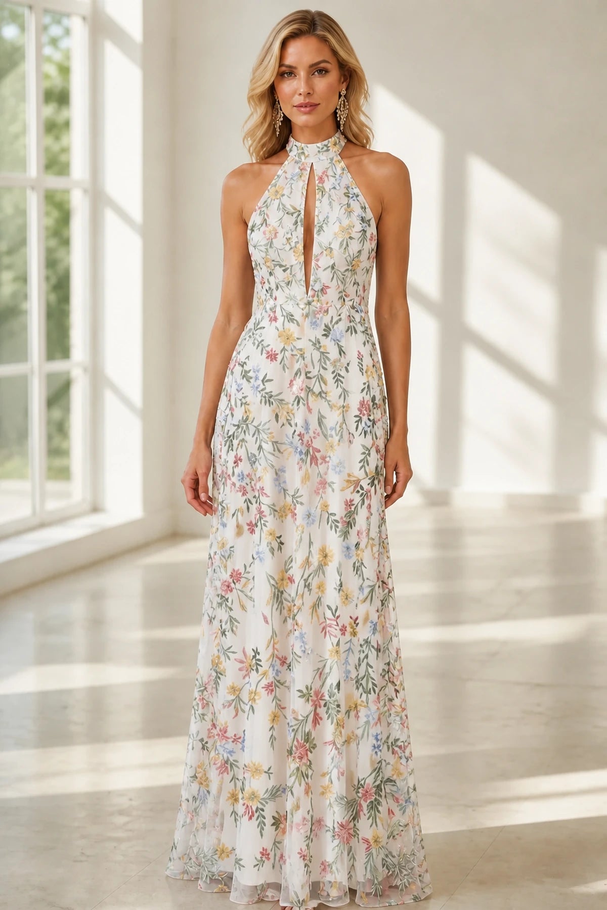 Romantic A-Line Halter Neck Sleeveless Open-Back Floor-Length Wedding Guest Dress