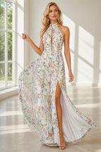 Romantic A-Line Halter Neck Sleeveless Open-Back Floor-Length Wedding Guest Dress