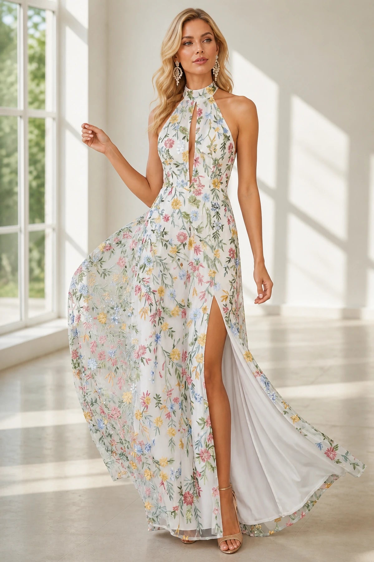 Romantic A-Line Halter Neck Sleeveless Open-Back Floor-Length Wedding Guest Dress