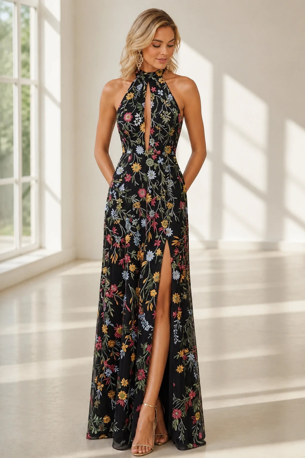 Romantic A-Line Halter Neck Sleeveless Open-Back Floor-Length Wedding Guest Dress