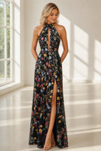 Romantic A-Line Halter Neck Sleeveless Open-Back Floor-Length Wedding Guest Dress