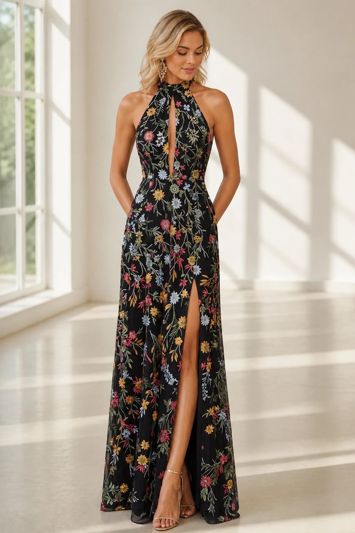 Romantic A-Line Halter Neck Sleeveless Open-Back Floor-Length Wedding Guest Dress