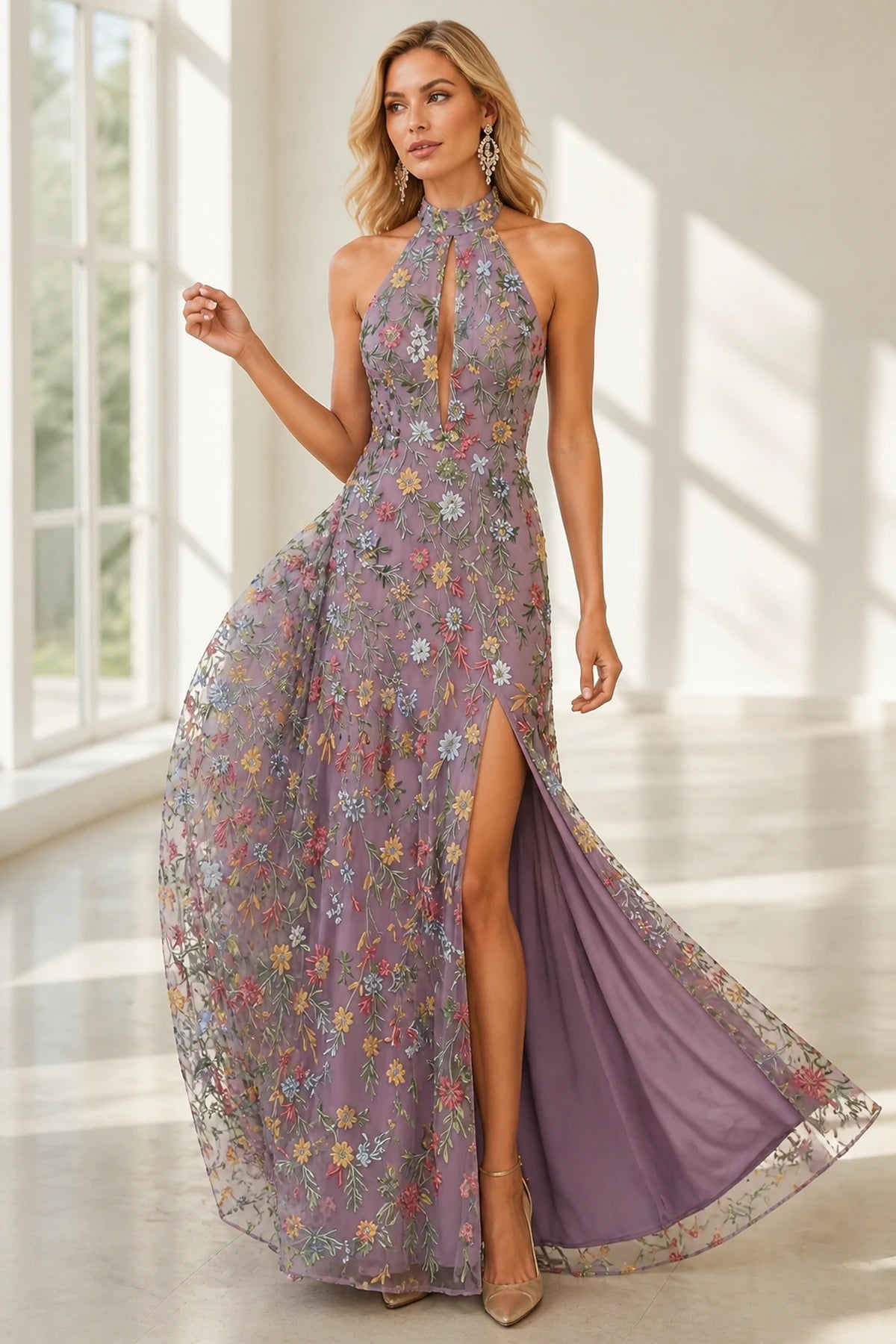 Romantic A-Line Halter Neck Sleeveless Open-Back Floor-Length Wedding Guest Dress