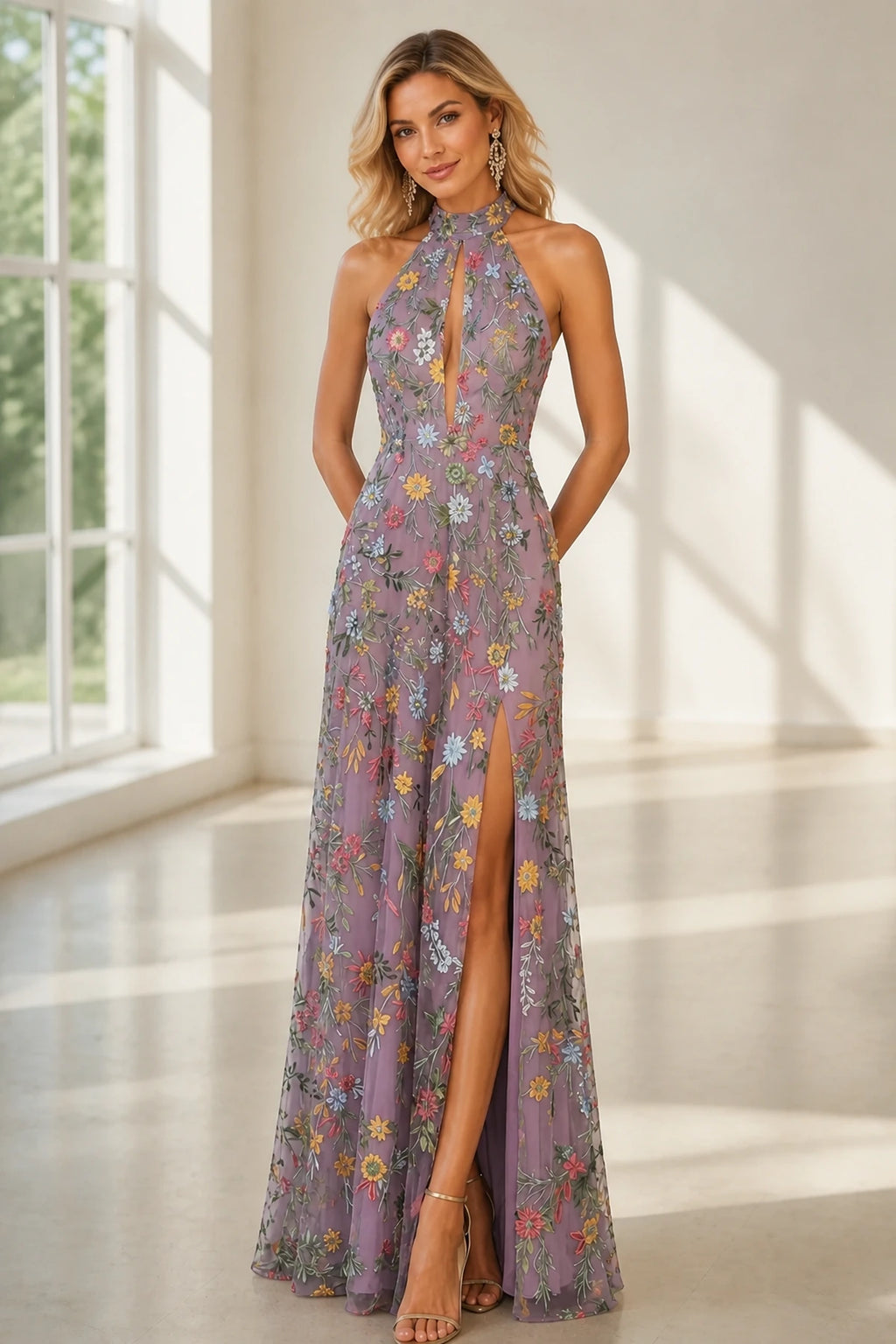 Romantic A-Line Halter Neck Sleeveless Open-Back Floor-Length Wedding Guest Dress