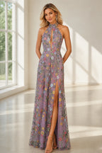 Romantic A-Line Halter Neck Sleeveless Open-Back Floor-Length Wedding Guest Dress
