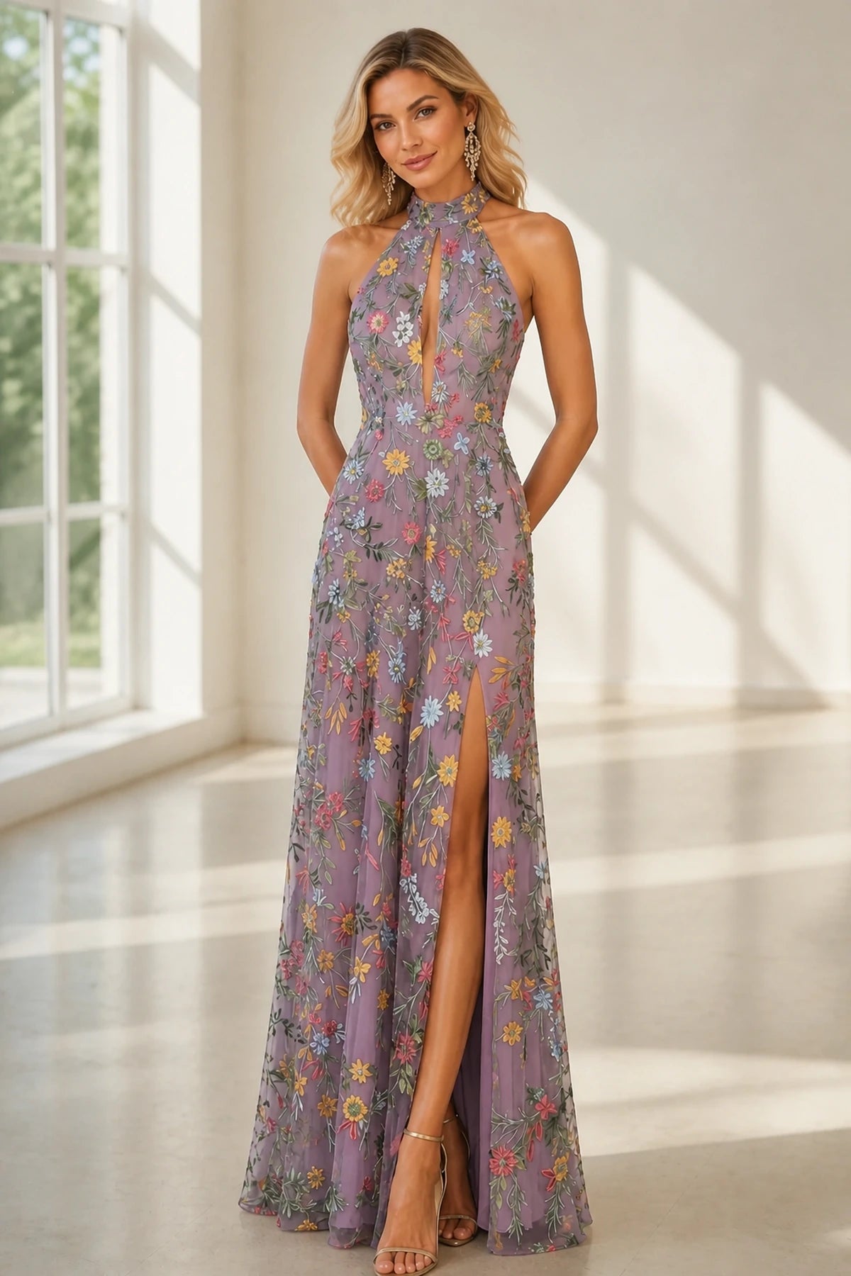 Romantic A-Line Halter Neck Sleeveless Open-Back Floor-Length Wedding Guest Dress