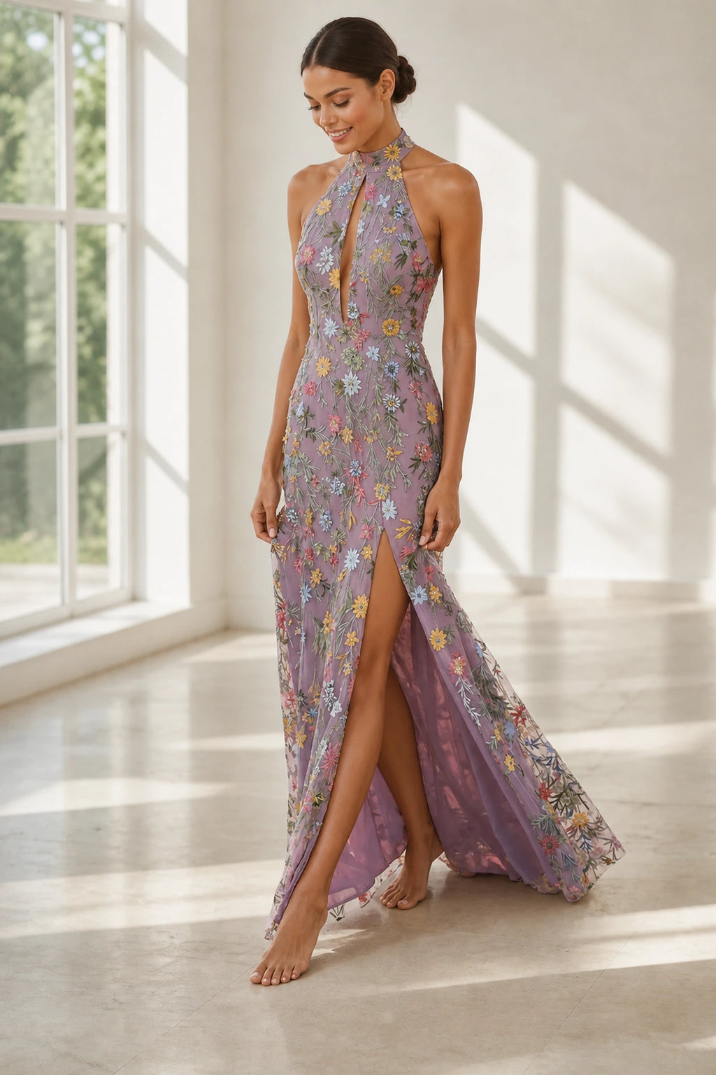 Romantic A-Line Halter Neck Sleeveless Open-Back Floor-Length Wedding Guest Dress