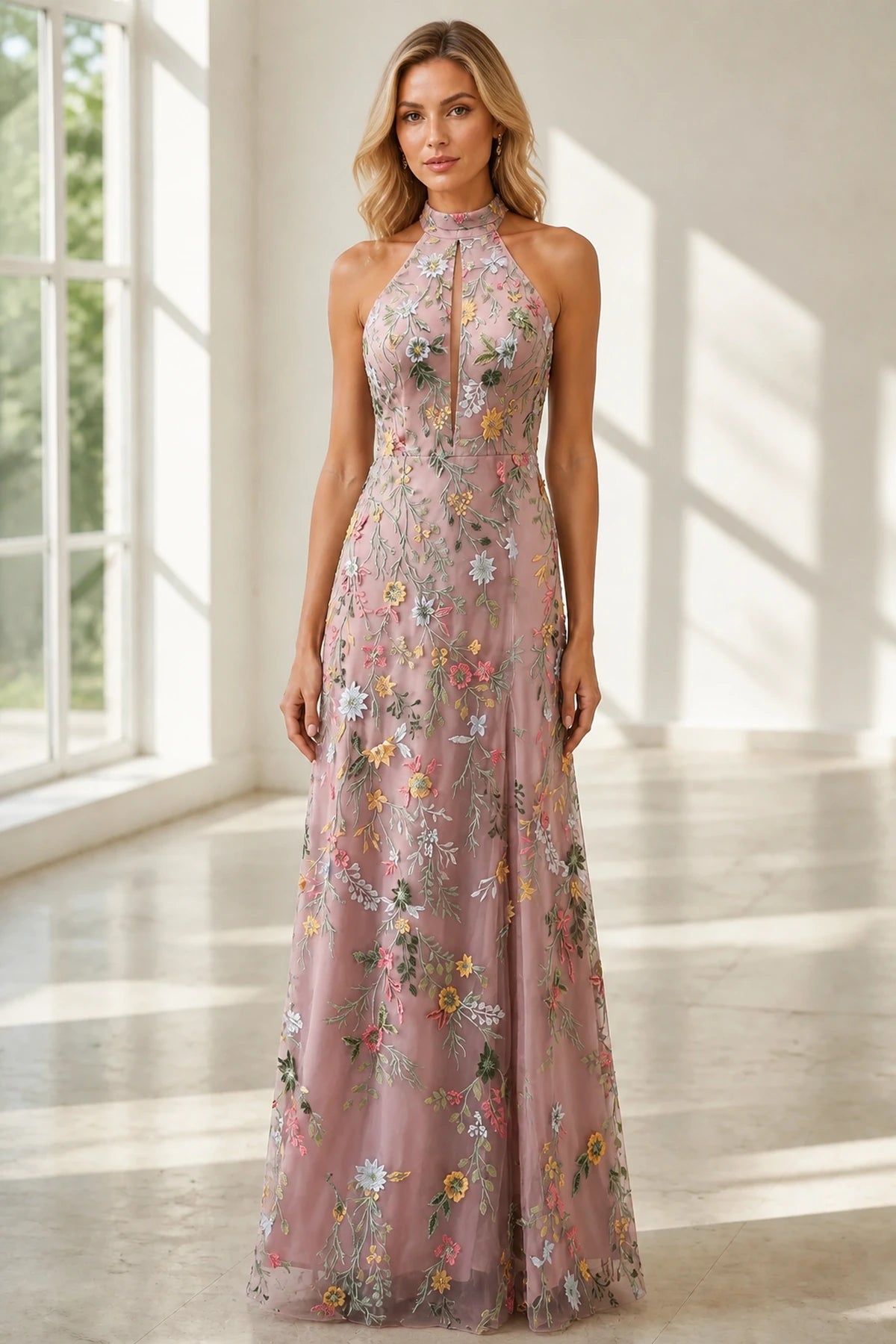 Romantic A-Line Halter Neck Sleeveless Open-Back Floor-Length Wedding Guest Dress