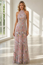 Romantic A-Line Halter Neck Sleeveless Open-Back Floor-Length Wedding Guest Dress