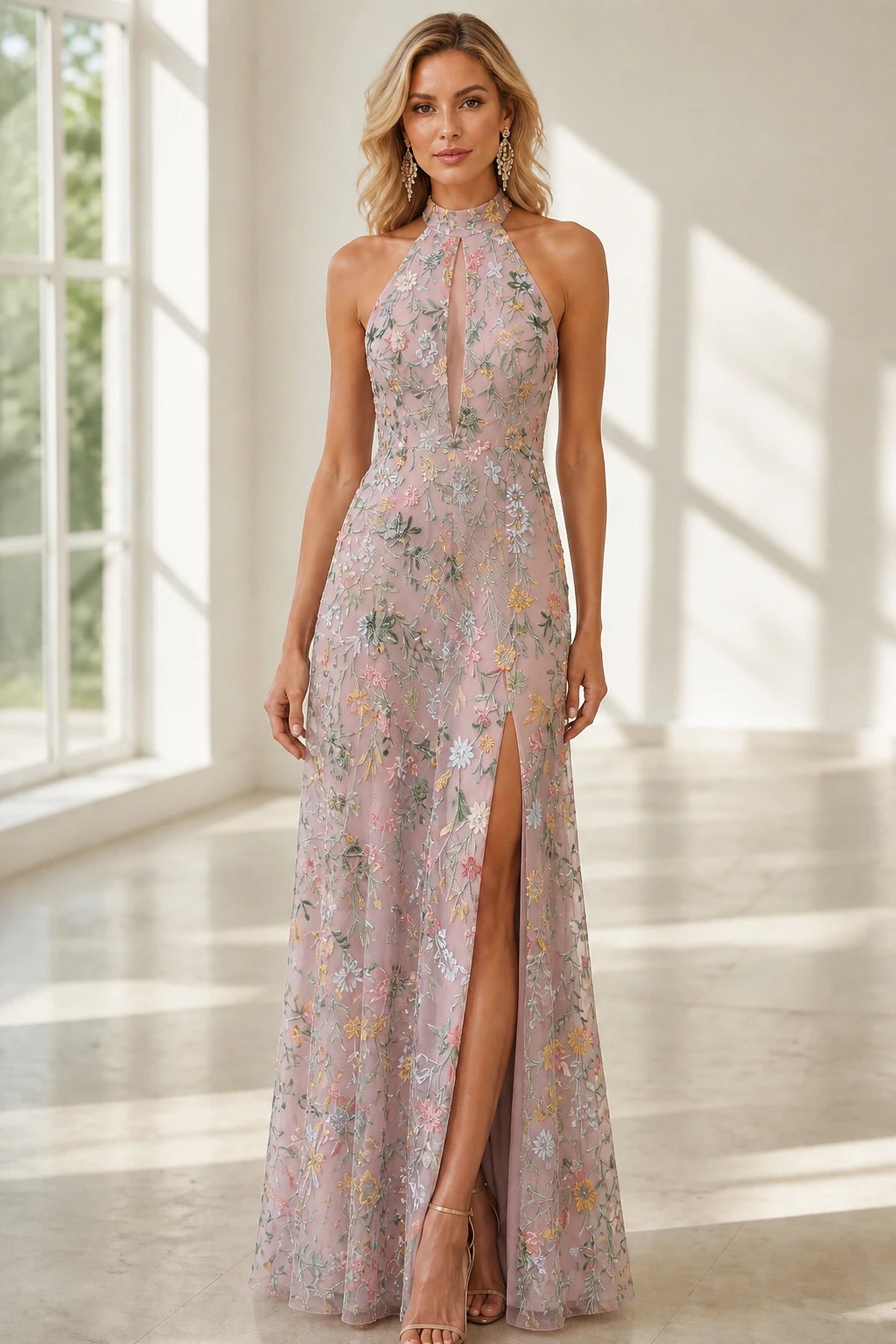 Romantic A-Line Halter Neck Sleeveless Open-Back Floor-Length Wedding Guest Dress
