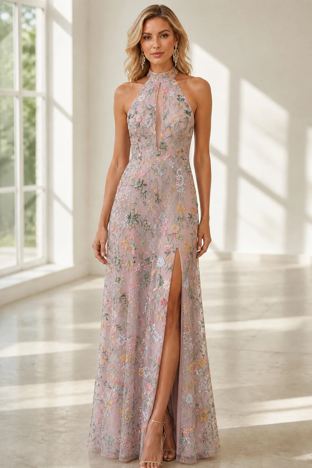 Romantic A-Line Halter Neck Sleeveless Open-Back Floor-Length Wedding Guest Dress