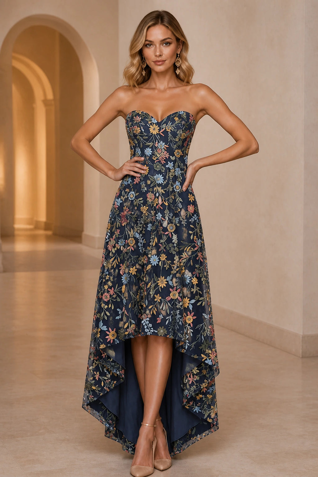 Romantic A-Line Sweetheart Strapless Zipper Back High-Low Wedding Guest Dress