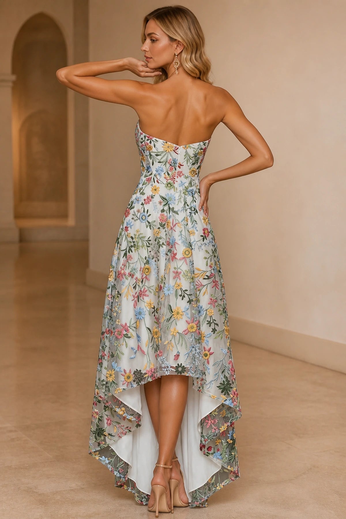 Romantic A-Line Sweetheart Strapless Zipper Back High-Low Wedding Guest Dress