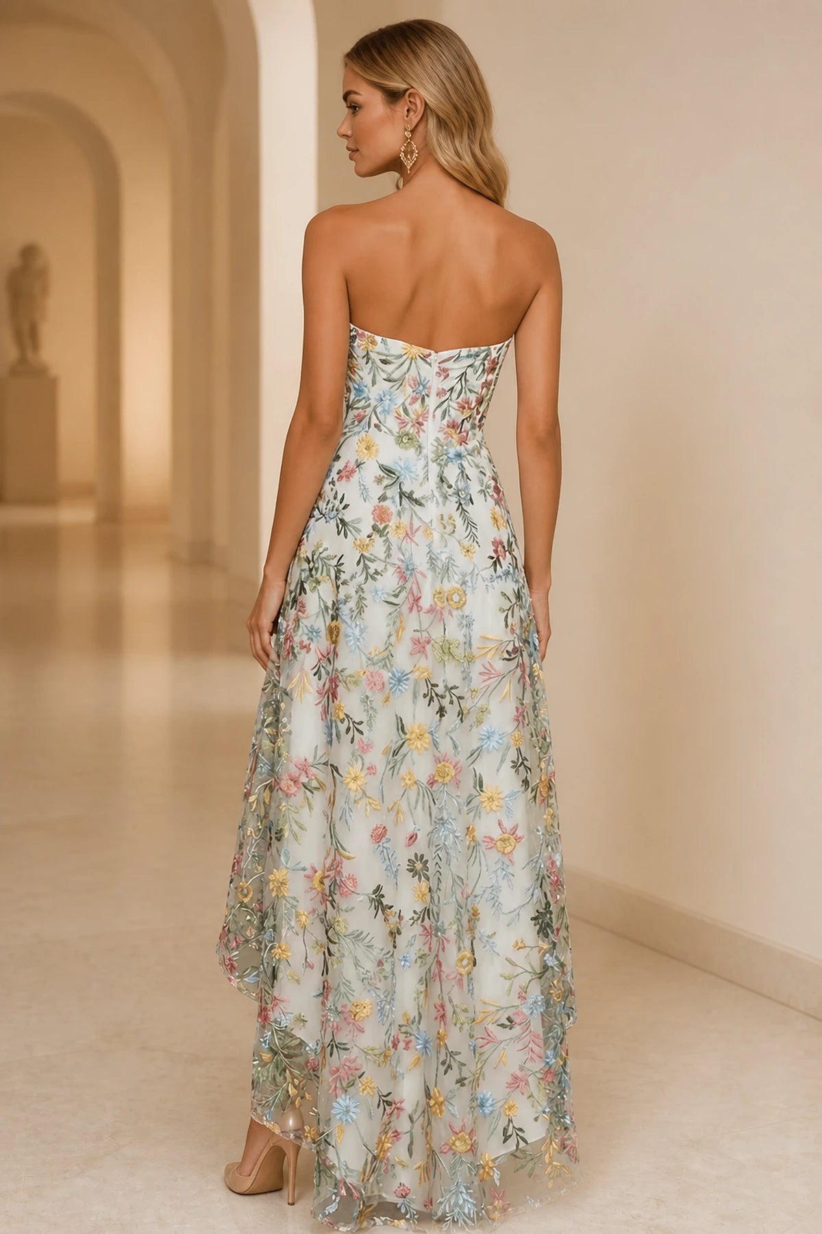 Romantic A-Line Sweetheart Strapless Zipper Back High-Low Wedding Guest Dress