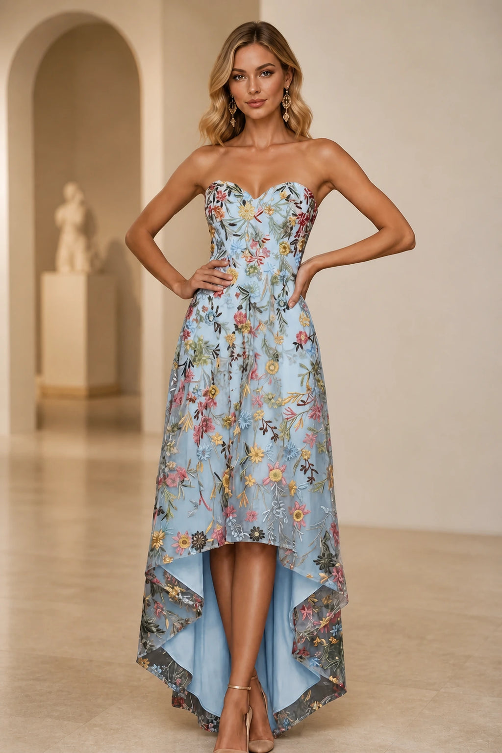 Romantic A-Line Sweetheart Strapless Zipper Back High-Low Wedding Guest Dress