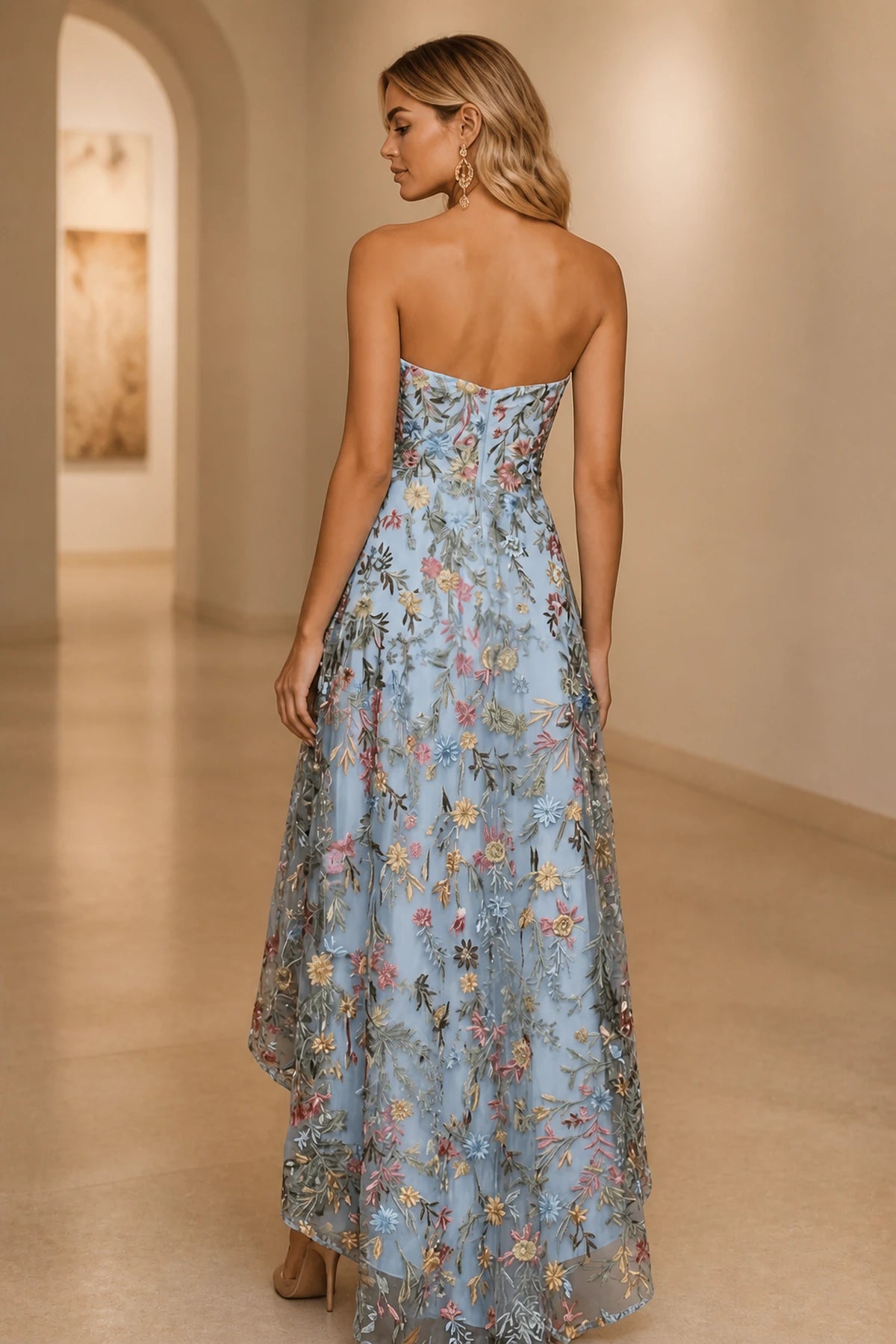 Romantic A-Line Sweetheart Strapless Zipper Back High-Low Wedding Guest Dress