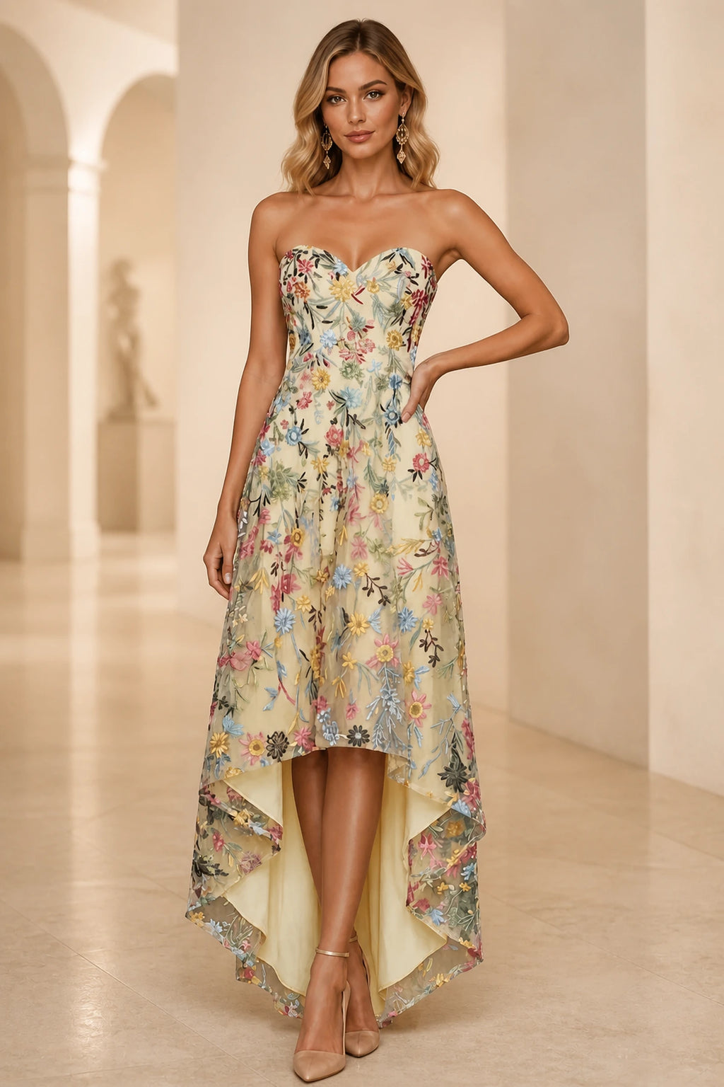 Romantic A-Line Sweetheart Strapless Zipper Back High-Low Wedding Guest Dress