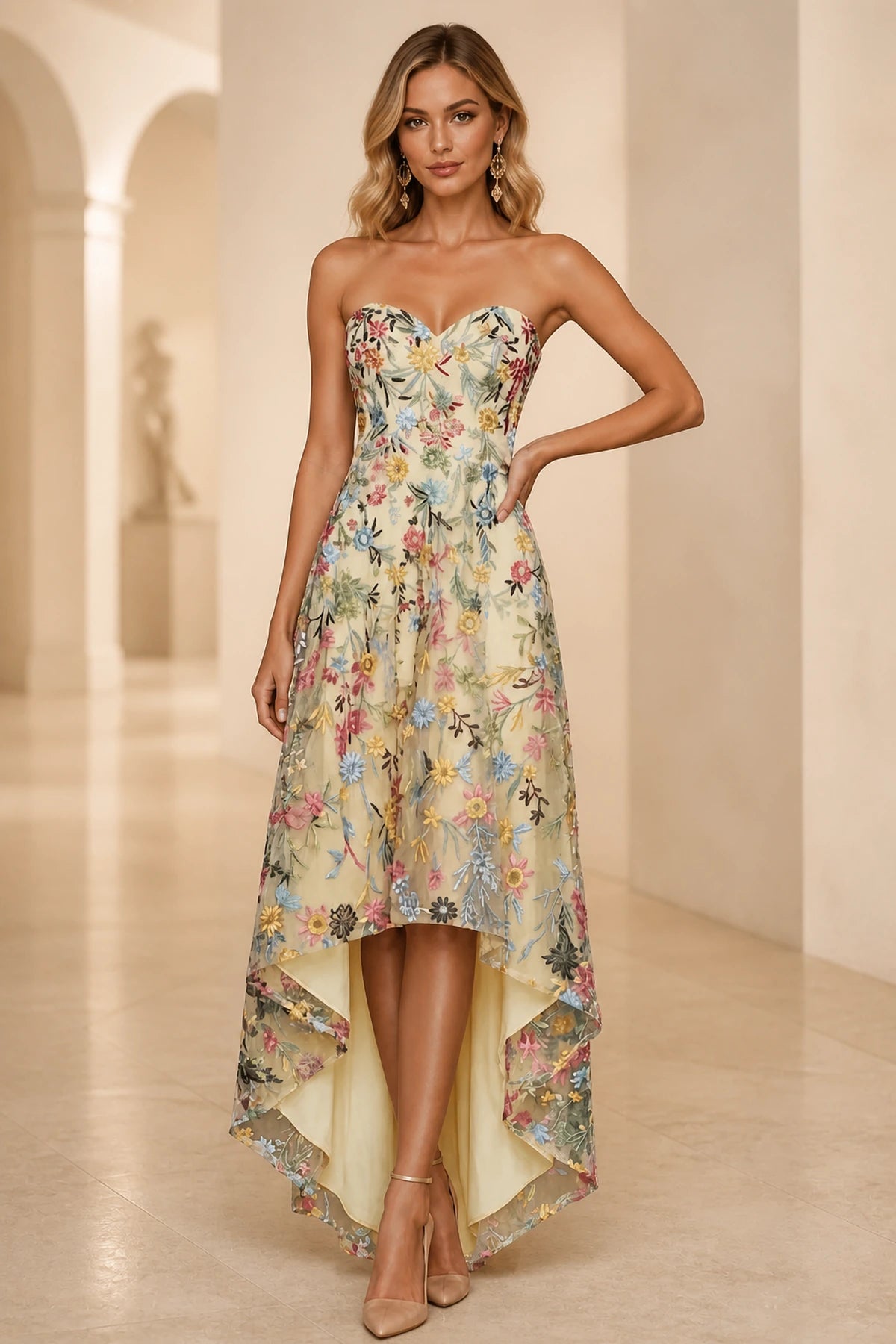 Romantic A-Line Sweetheart Strapless Zipper Back High-Low Wedding Guest Dress