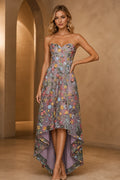 Colorful floral embroidered sweetheart high-low wedding guest dress by Graceprom