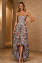 Colorful floral embroidered sweetheart high-low wedding guest dress by Graceprom