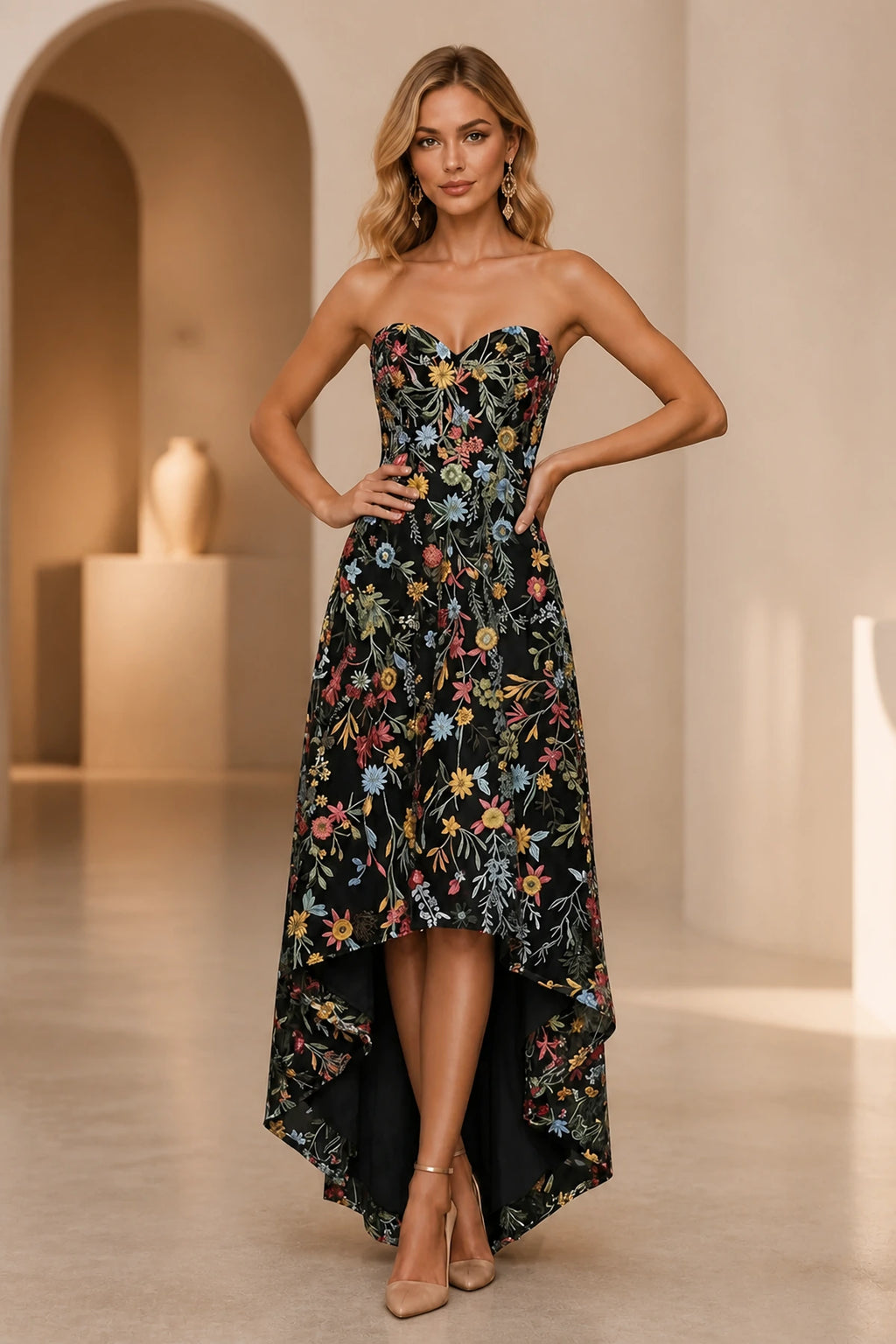 Romantic A-Line Sweetheart Strapless Zipper Back High-Low Wedding Guest Dress