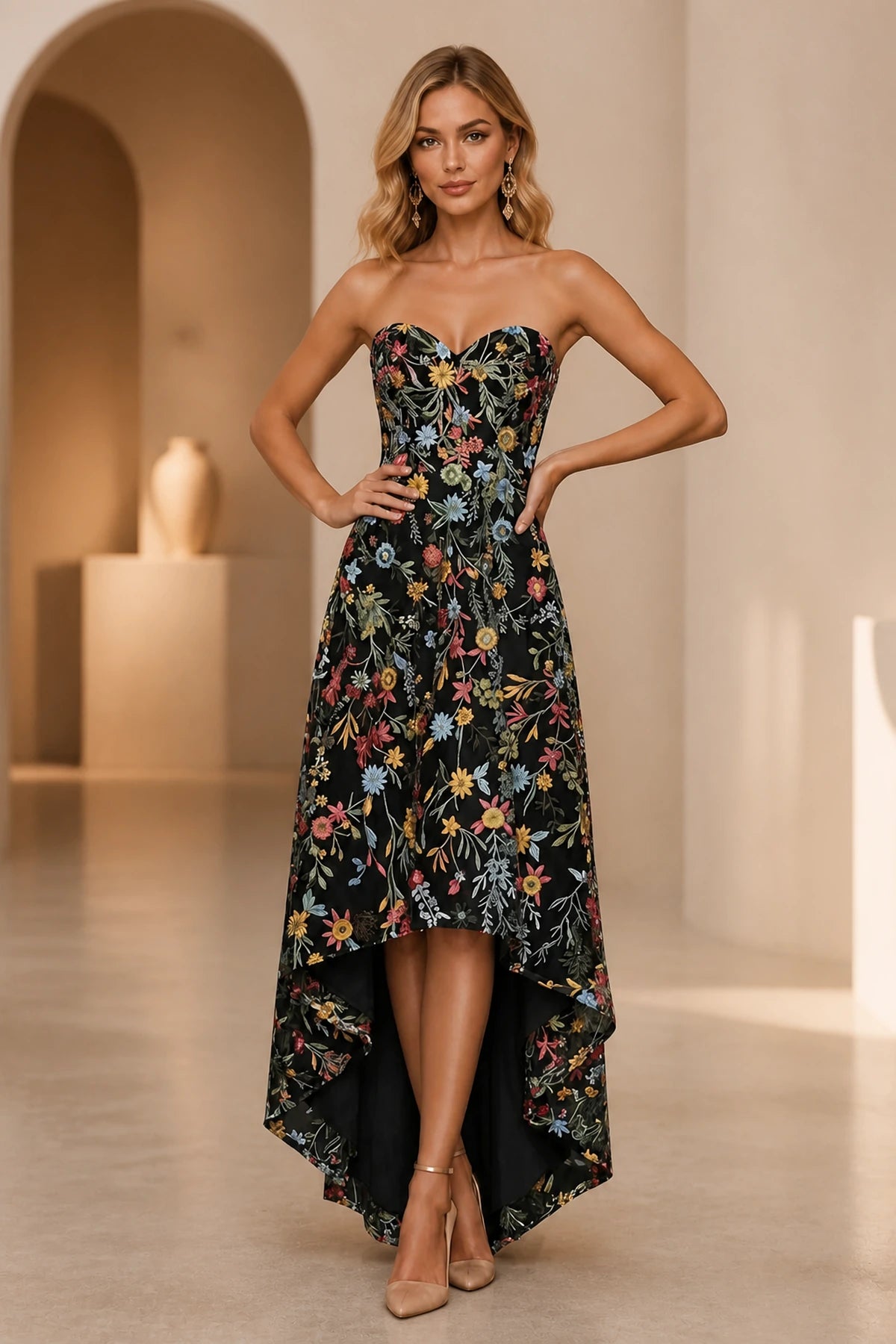 Romantic A-Line Sweetheart Strapless Zipper Back High-Low Wedding Guest Dress