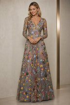 Long sleeve floral embroidered V-neck wedding guest dress by Graceprom