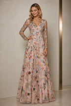 Refined A-Line V-Neck Long-Sleeve Floral Embroidered Floor-Length Wedding Guest Dress