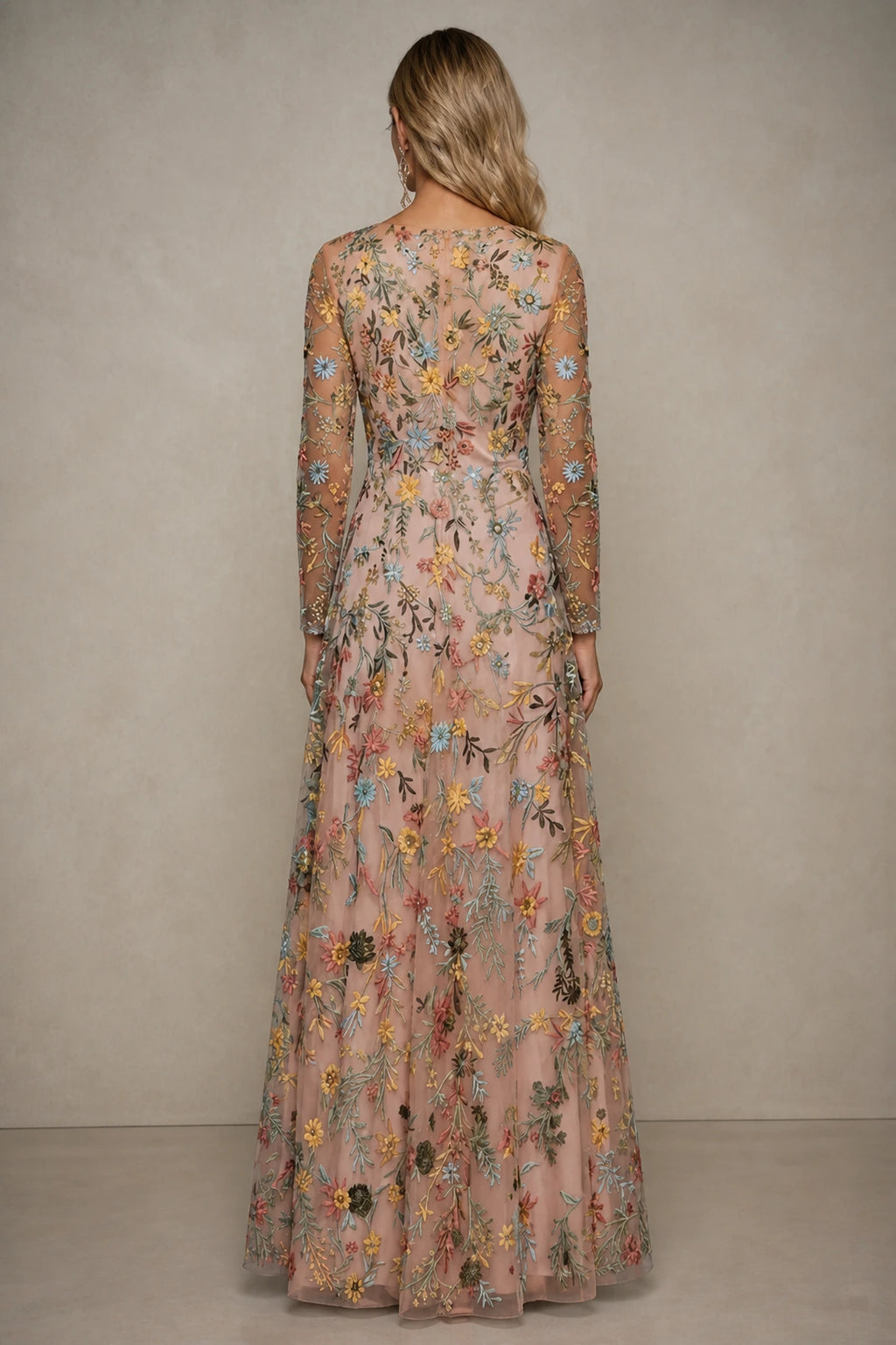 Refined A-Line V-Neck Long-Sleeve Floral Embroidered Floor-Length Wedding Guest Dress