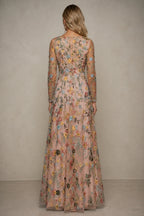Refined A-Line V-Neck Long-Sleeve Floral Embroidered Floor-Length Wedding Guest Dress