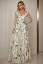 Refined A-Line V-Neck Long-Sleeve Floral Embroidered Floor-Length Wedding Guest Dress
