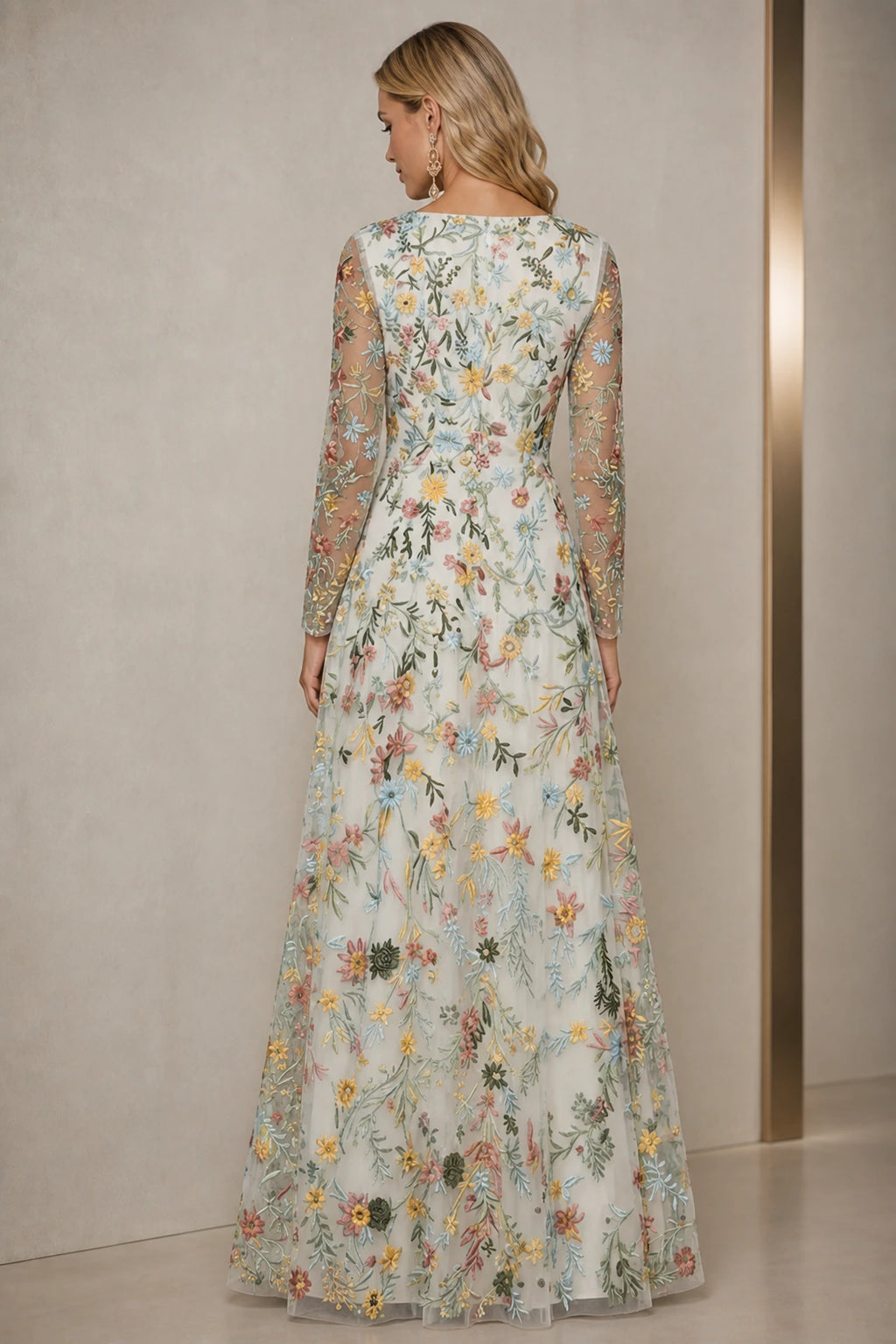Refined A-Line V-Neck Long-Sleeve Floral Embroidered Floor-Length Wedding Guest Dress