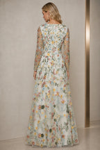 Refined A-Line V-Neck Long-Sleeve Floral Embroidered Floor-Length Wedding Guest Dress