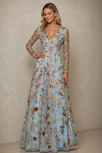 Refined A-Line V-Neck Long-Sleeve Floral Embroidered Floor-Length Wedding Guest Dress