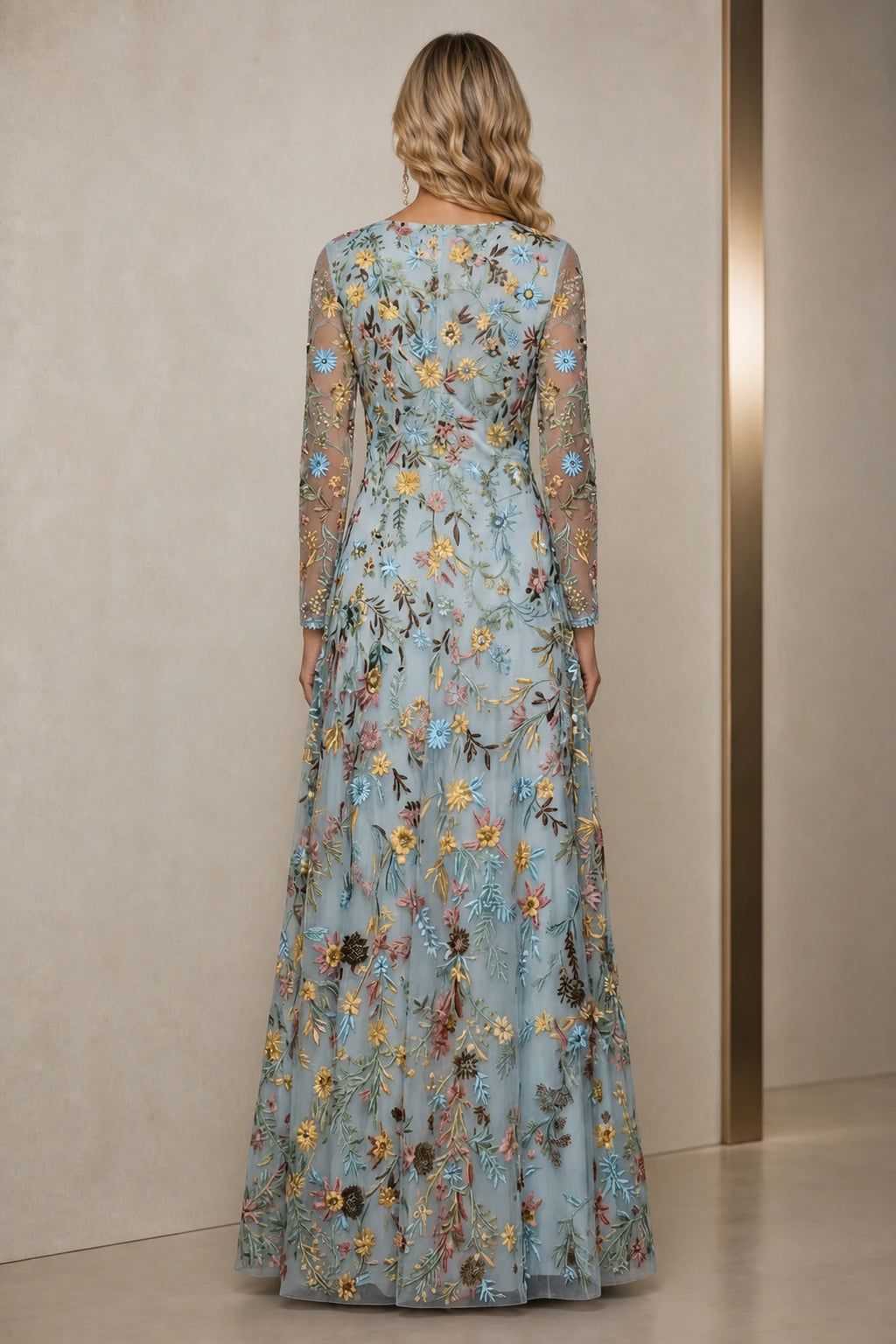 Refined A-Line V-Neck Long-Sleeve Floral Embroidered Floor-Length Wedding Guest Dress