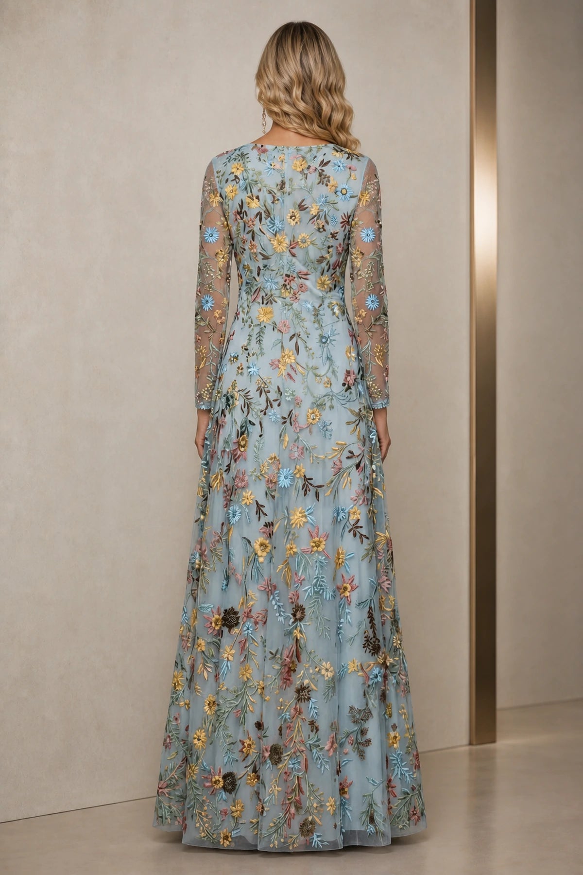 Refined A-Line V-Neck Long-Sleeve Floral Embroidered Floor-Length Wedding Guest Dress