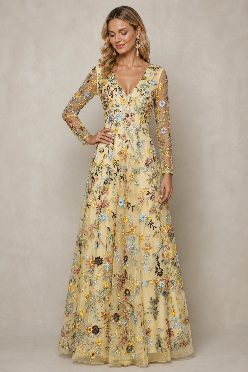 Refined A-Line V-Neck Long-Sleeve Floral Embroidered Floor-Length Wedding Guest Dress