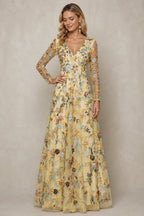 Refined A-Line V-Neck Long-Sleeve Floral Embroidered Floor-Length Wedding Guest Dress