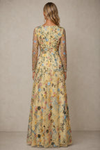 Refined A-Line V-Neck Long-Sleeve Floral Embroidered Floor-Length Wedding Guest Dress
