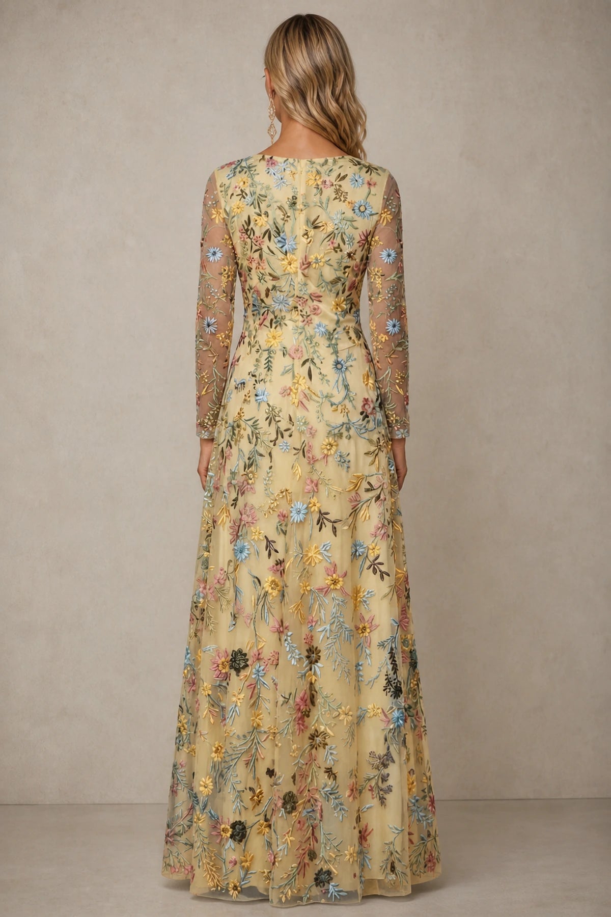 Refined A-Line V-Neck Long-Sleeve Floral Embroidered Floor-Length Wedding Guest Dress