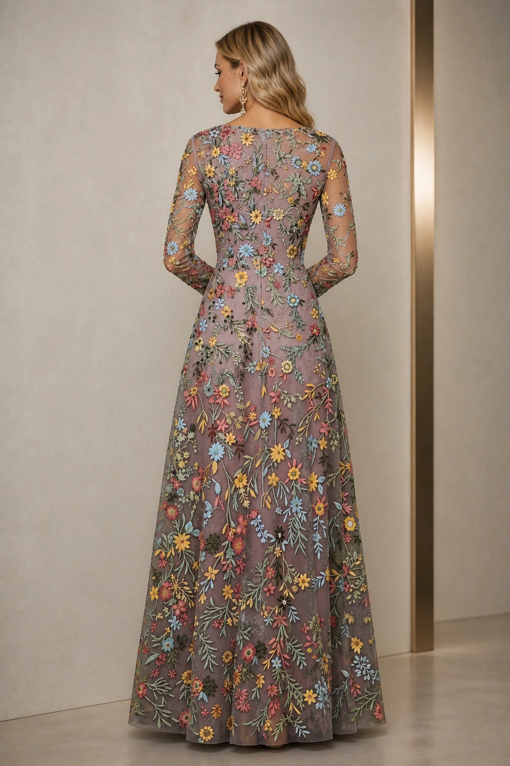 Back view of long sleeve floral embroidered floor-length wedding guest dress