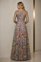 Back view of long sleeve floral embroidered floor-length wedding guest dress