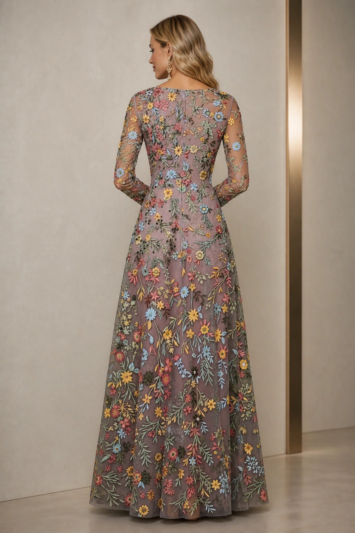 Back view of long sleeve floral embroidered floor-length wedding guest dress